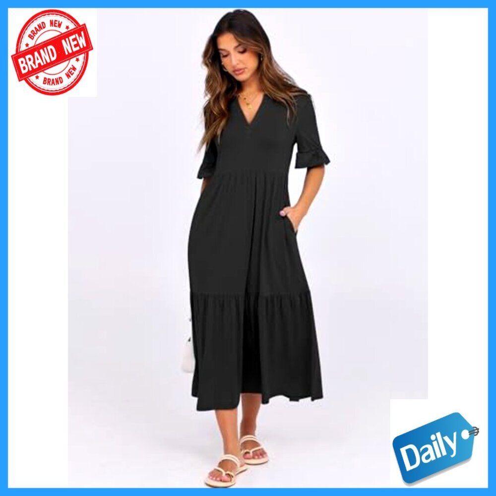 Summer Maxi Dress Ruffle Sleeve V-Neck Flowy Tiered Boho Casual Beach - Picture 5 of 7